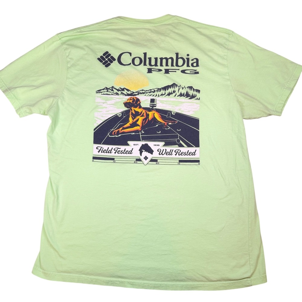 Columbia PFG Mens XL Green Short Sleeve Dog Boat Graphic T-Shirt Field Tested